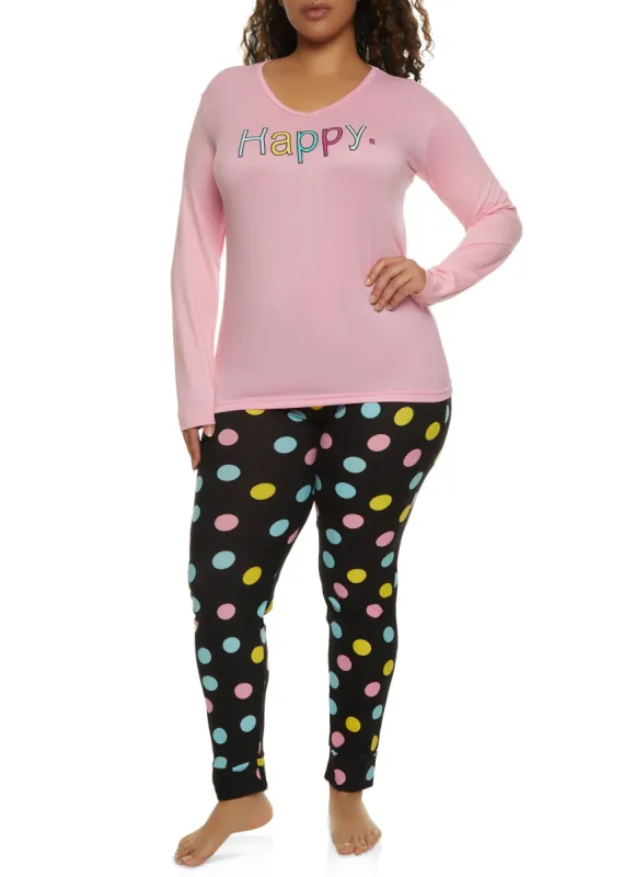 Plus Size Happy Long Sleeve Pajama Top and Polka Dot Pants sold by Rainbow