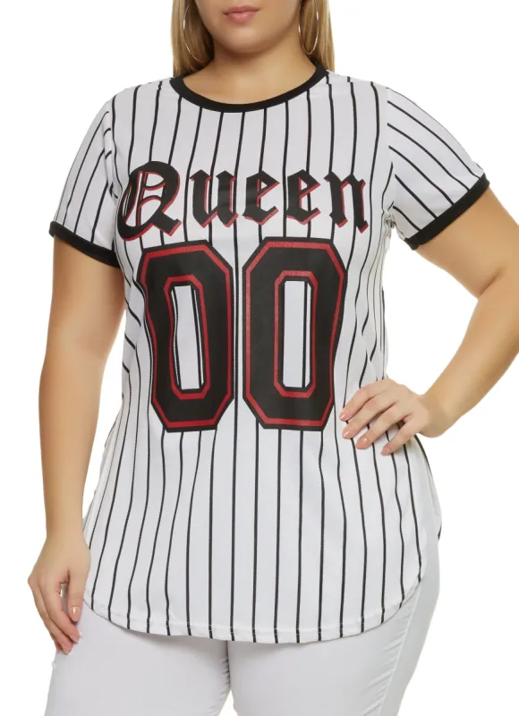 Plus Size Mesh Queen Pinstripe Baseball Tee sold by Rainbow