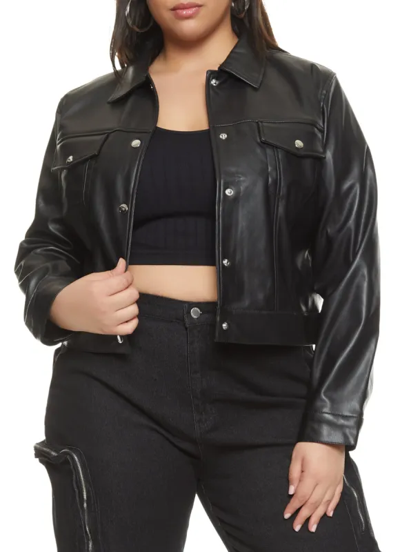 Plus Size Faux Leather Snap Button Shacket sold by Rainbow