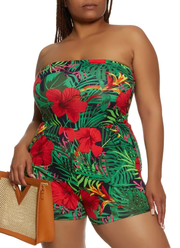 Plus Size Tropical Leaf Print Tube Romper sold by Rainbow