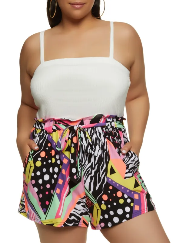 Plus Size Abstract Print Paperbag Waist Romper sold by Rainbow