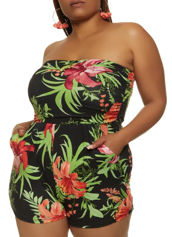 Plus Size Tropical Ruched Tube Romper sold by Rainbow