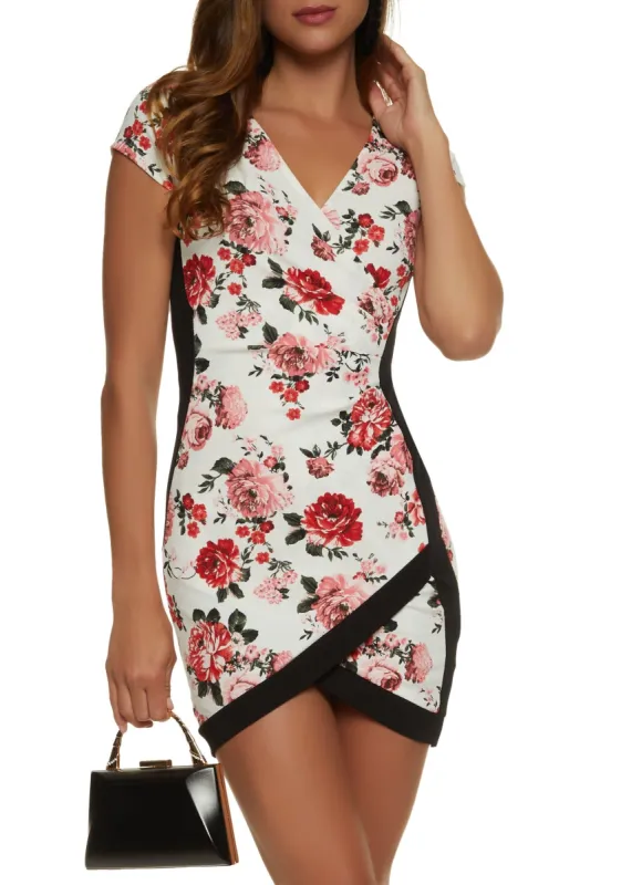 Contrast Trim Floral Print Tulip Hem Mini Dress sold by Rainbow