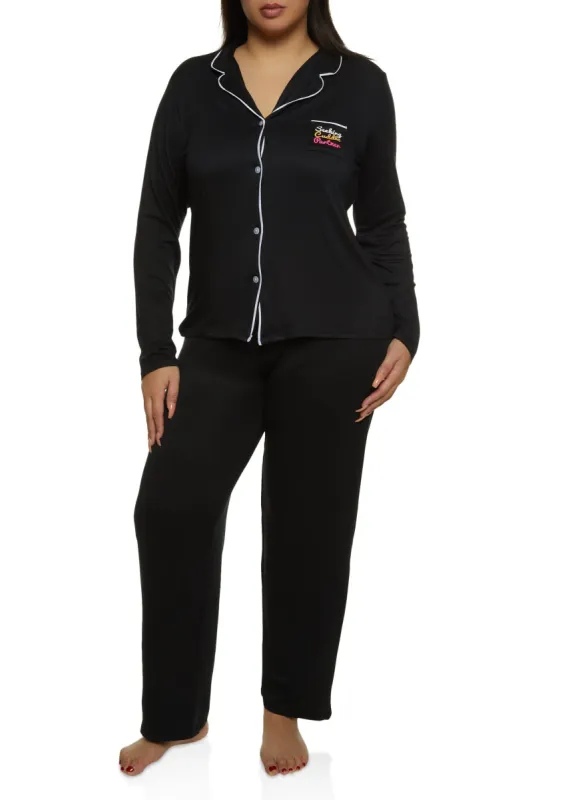 Plus Size Seeking Cuddle Partner Notch Collar Pajama Shirt and Pants sold by Rainbow