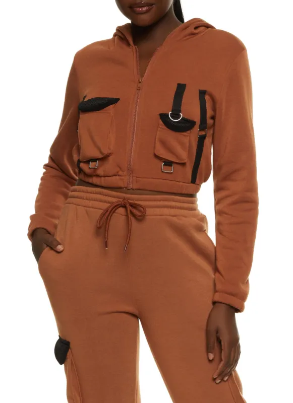 Fleece Cargo Pocket Cropped Hoodie sold by Rainbow