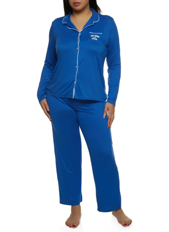 Plus Size Get Some Sleep Notch Collar Pajama Shirt and Pants sold by Rainbow