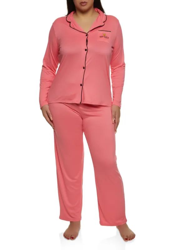 Plus Size Nap Queen Notch Collar Pajama Shirt and Pants sold by Rainbow