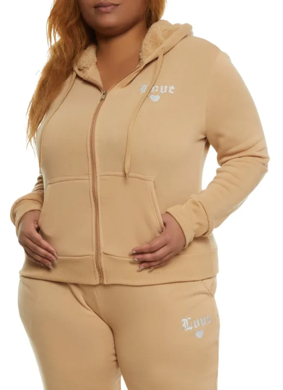 Plus Size Love Rhinestone Zip Front Hoodie sold by Rainbow