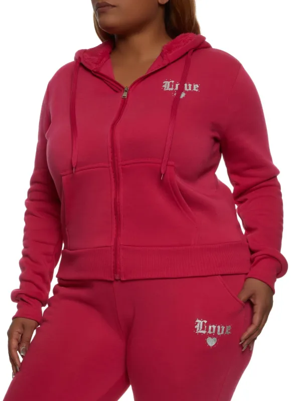 Plus Size Love Rhinestone Zip Front Hoodie sold by Rainbow