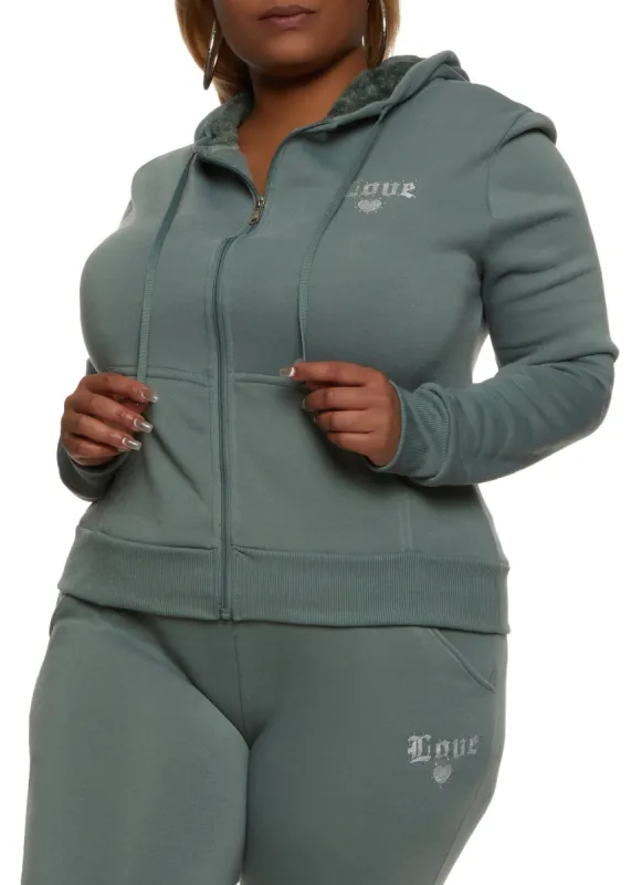 Plus Size Love Rhinestone Zip Front Hoodie sold by Rainbow