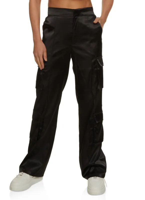 Satin Wide Leg Cargo Pocket Dress Pants sold by Rainbow