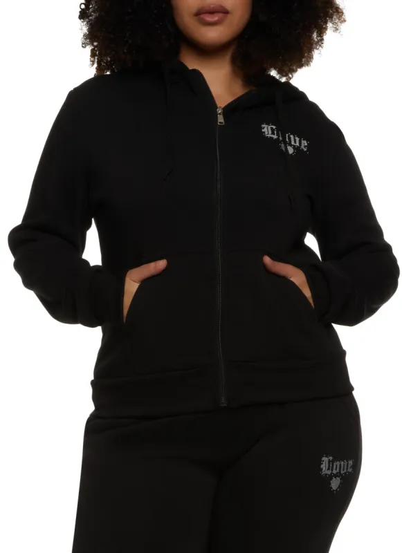 Plus Size Love Rhinestone Zip Front Hoodie sold by Rainbow