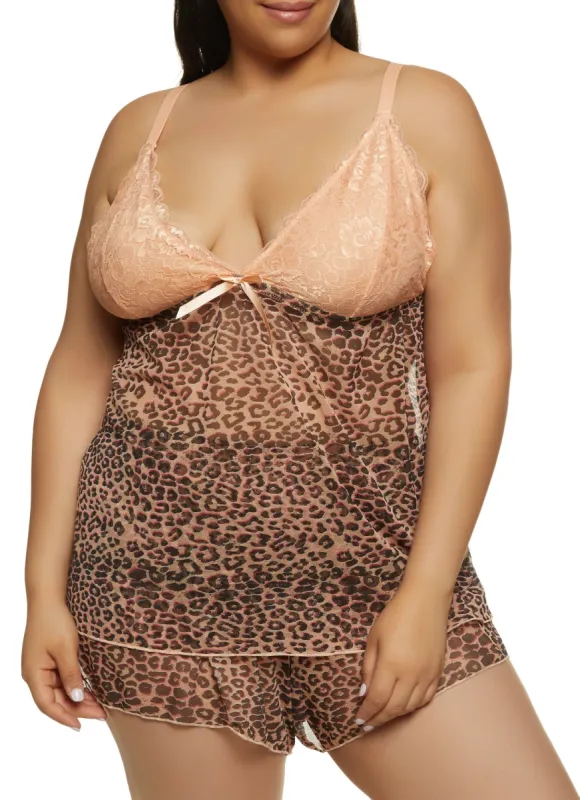Plus Size Animal Print Floral Lace Babydoll and Shorts sold by Rainbow