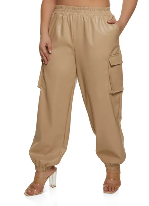 Plus Size Faux Leather High Waisted Cargo Joggers sold by Rainbow