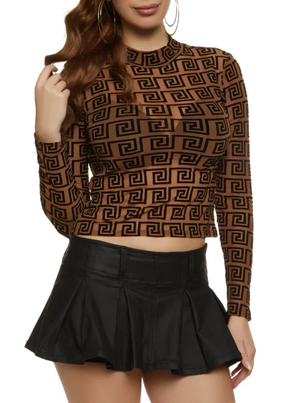 Geometric Print Mesh Long Sleeve Crop Top sold by Rainbow