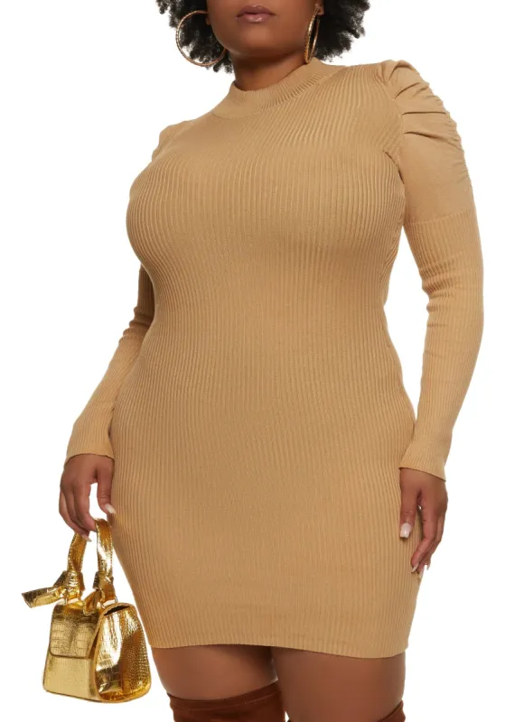 Plus Size Long Puff Sleeve Mock Neck Dress sold by Rainbow