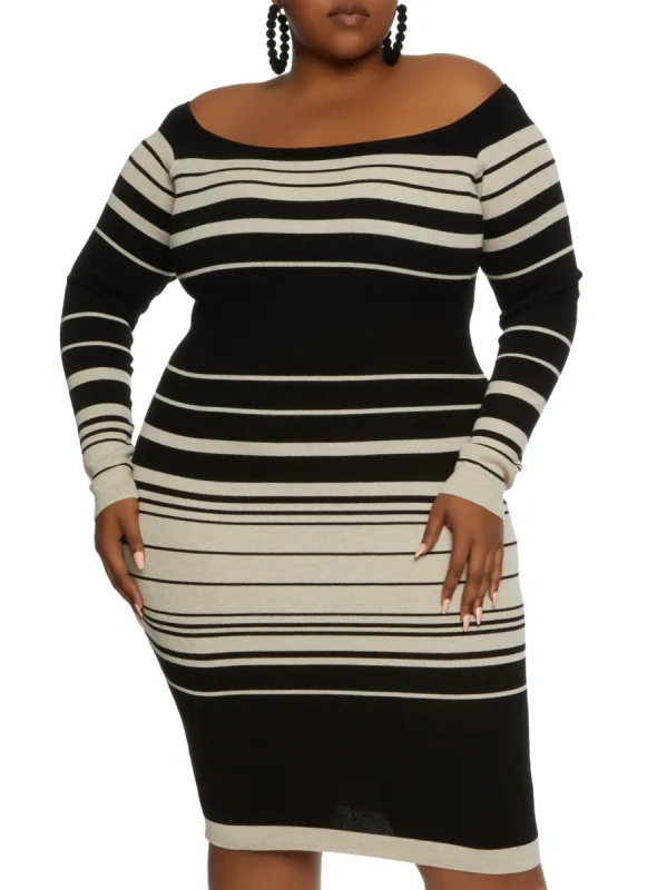 Plus Size Striped Off the Shoulder Midi Dress sold by Rainbow