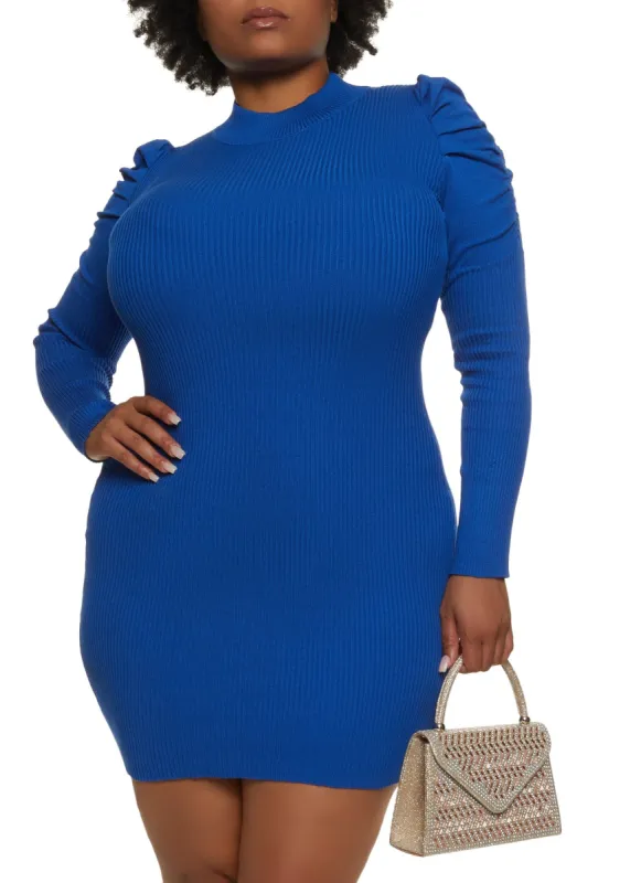 Plus Size Long Puff Sleeve Mock Neck Dress sold by Rainbow