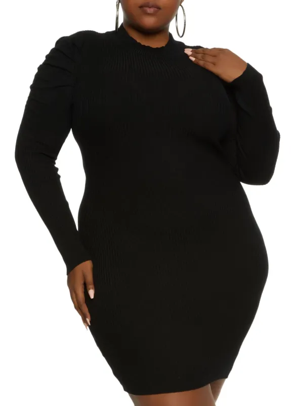 Plus Size Long Puff Sleeve Mock Neck Dress sold by Rainbow