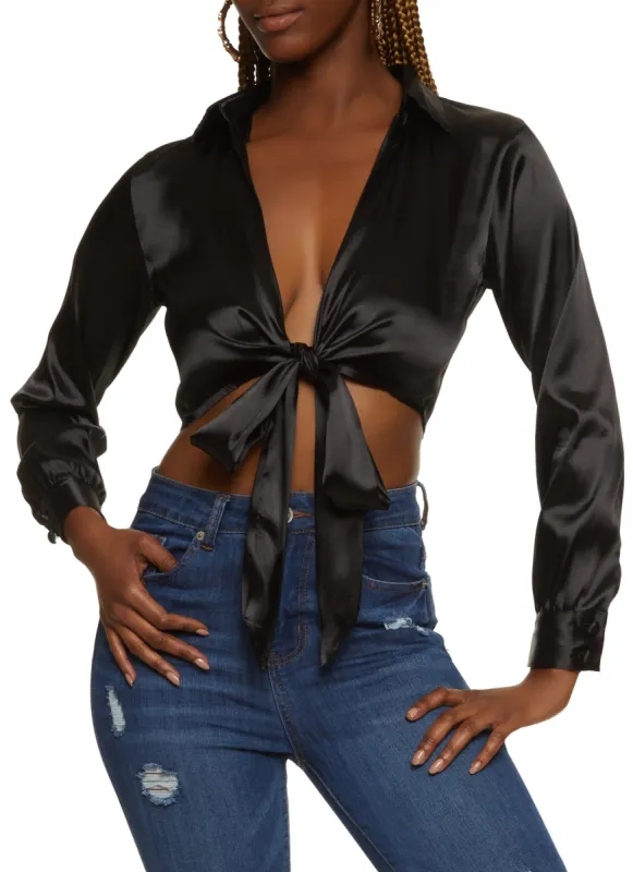 Satin Long Sleeve Tie Front Crop Top sold by Rainbow