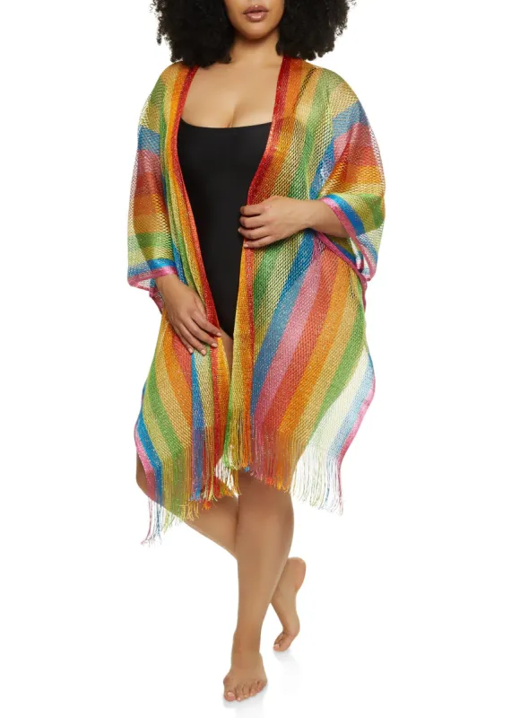 Rainbow Striped Fishnet Lurex Cover Up Kimono sold by Rainbow