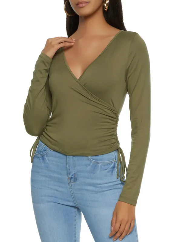 Solid Ruched Long Sleeve Wrap Top made by Rainbow