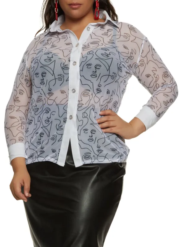 Plus Size Mesh Abstract Face Print Shirt sold by Rainbow