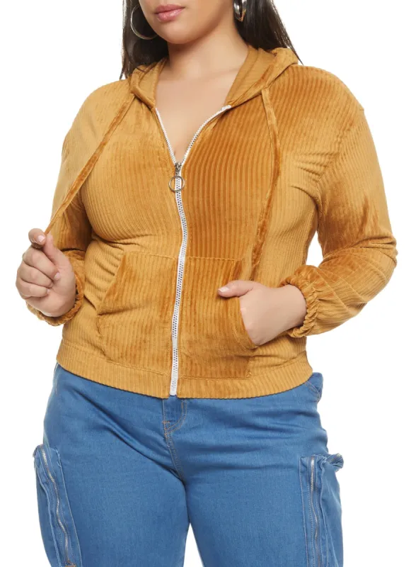Plus Size Velour Ribbed Zip Front Hoodie sold by Rainbow