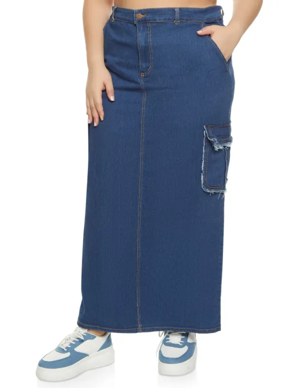 Plus Size Denim Frayed Trim Cargo Pocket Maxi Skirt sold by Rainbow