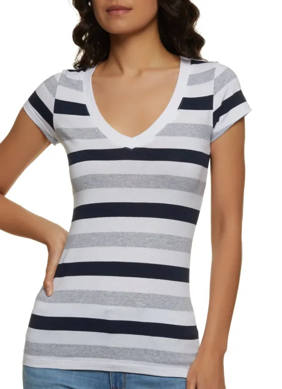Basic Striped V Neck T Shirt sold by Rainbow
