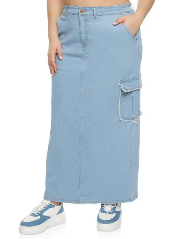 Plus Size Denim Frayed Trim Cargo Pocket Maxi Skirt sold by Rainbow