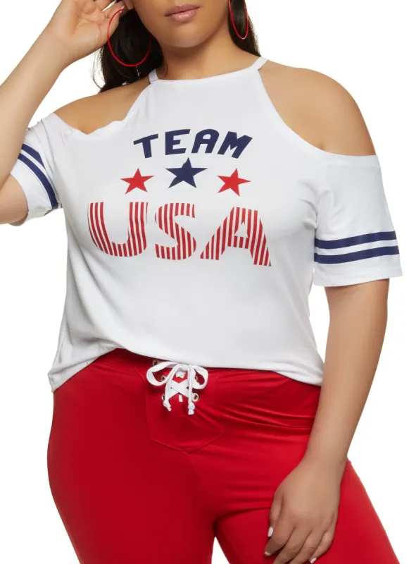 Plus Size Team USA Cold Shoulder Graphic Tee sold by Rainbow