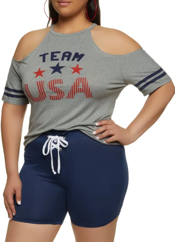 Plus Size Team USA Cold Shoulder Graphic Tee sold by Rainbow