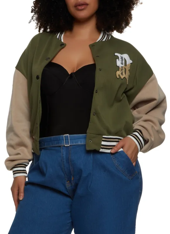 Plus Size Boss Babe Chenille Patch Varsity Jacket sold by Rainbow