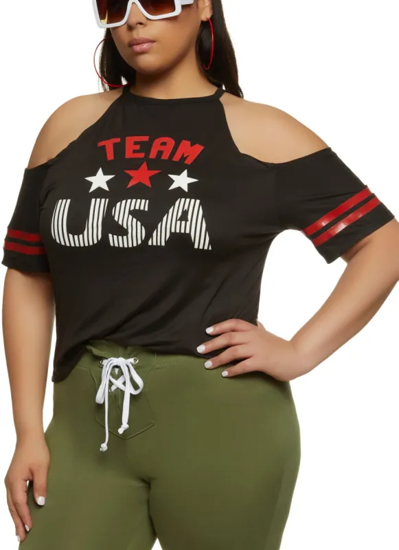 Plus Size Team USA Cold Shoulder Graphic Tee sold by Rainbow