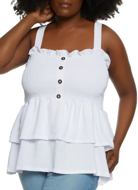 Plus Size Smocked Button Front Tank Top sold by Rainbow
