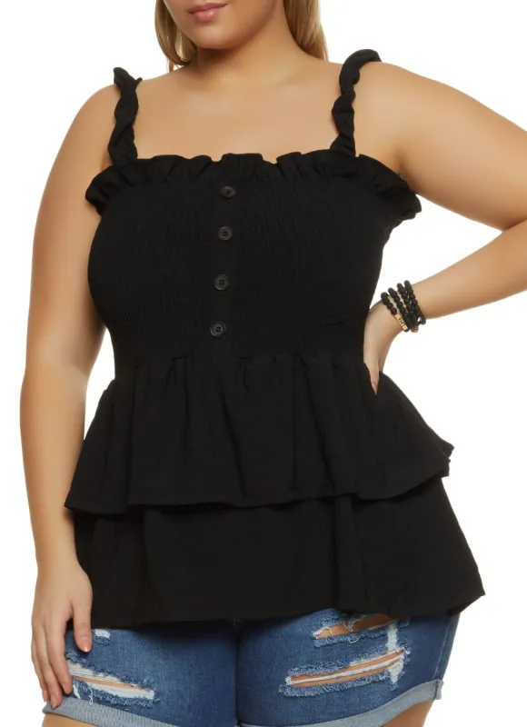 Plus Size Smocked Button Front Tank Top sold by Rainbow
