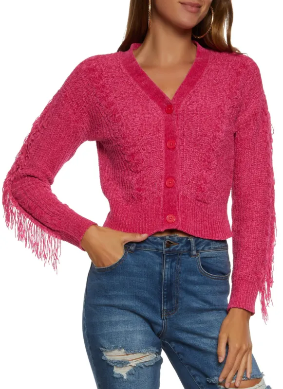 Chenille Cable Knit Fringe Cardigan sold by Rainbow