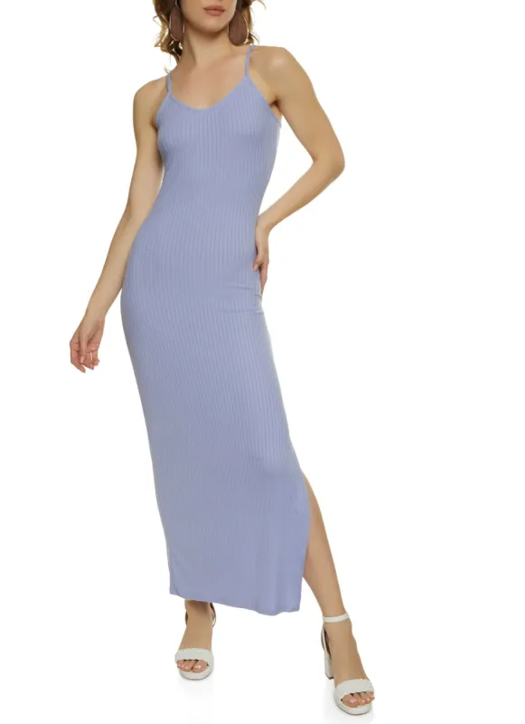Basic Ribbed Knit Side Slit Cami Maxi Dress sold by Rainbow