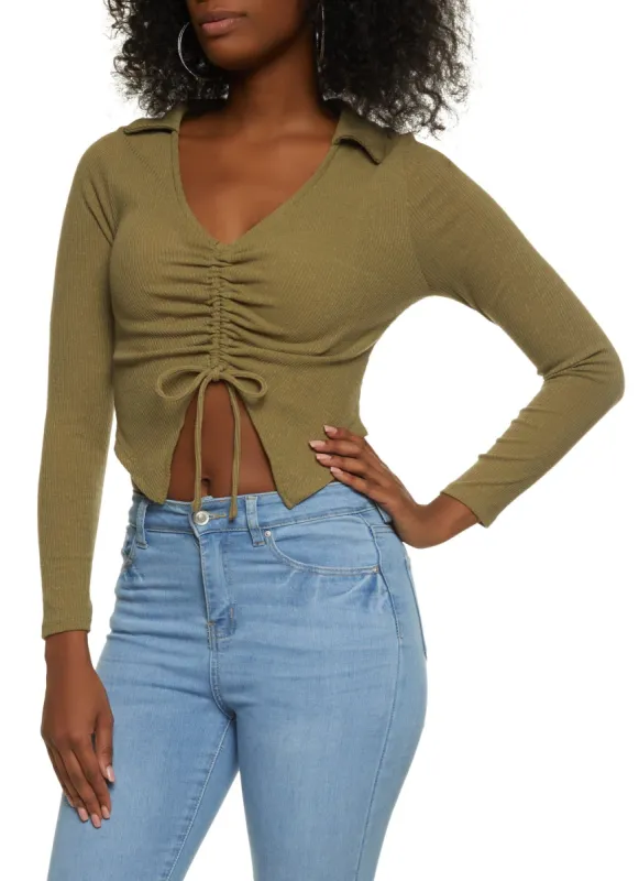 Rib Knit Ruched Tie Front Top sold by Rainbow