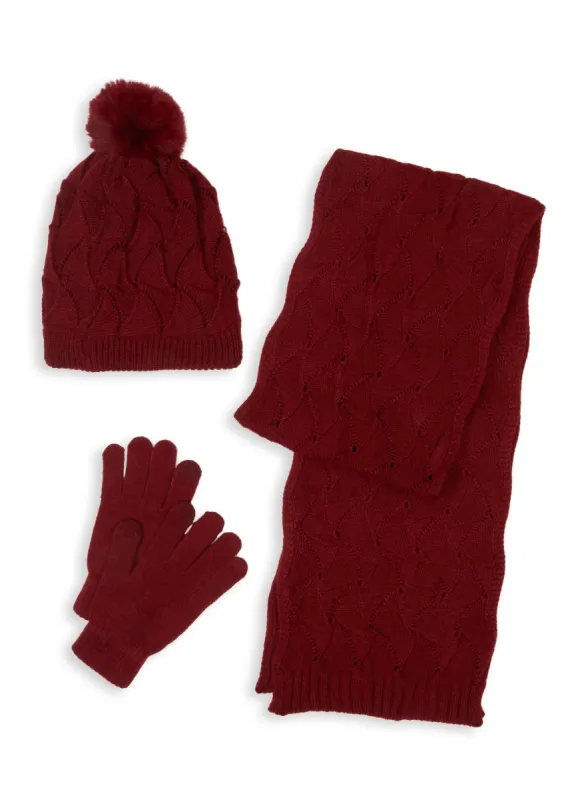 Pointelle Knit Pom Pom Beanie with Scarf and Gloves sold by Rainbow