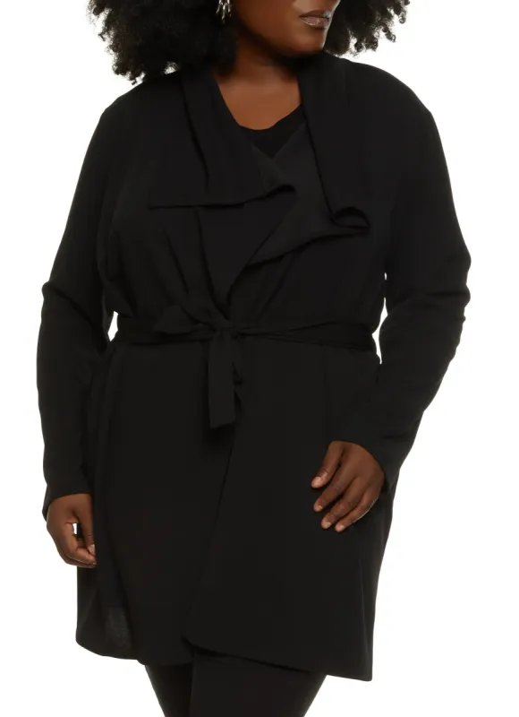 Plus Size Crepe Knit Draped Collar Wrap Coat sold by Rainbow