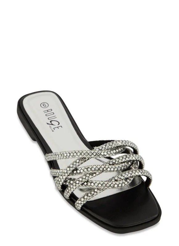 Woven Rhinestone Strappy Slide Sandals sold by Rainbow