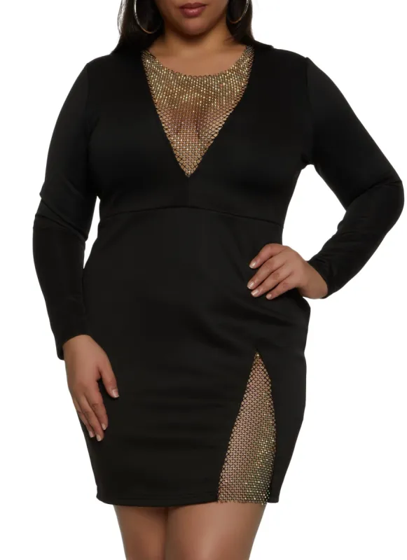Plus Size Rhinestone Fishnet Insert Mini Dress sold by Rainbow