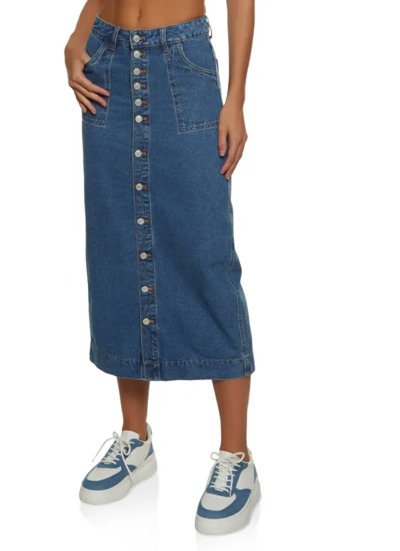 Button Front Denim Maxi Skirt sold by Rainbow