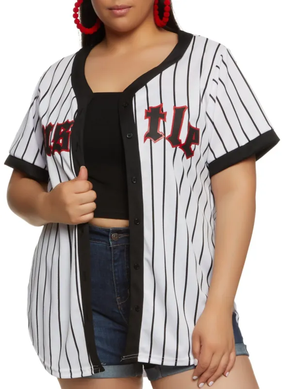 Plus Size Striped Hustle Mesh Baseball Tee made by Rainbow