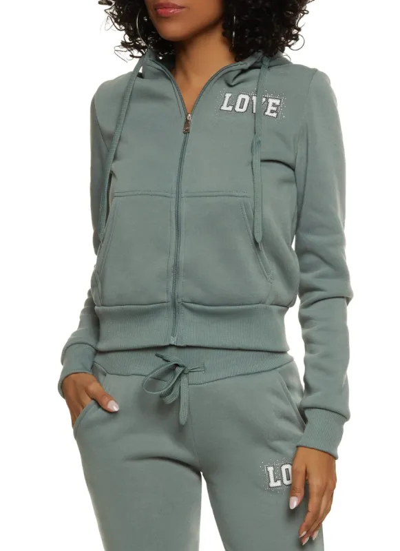 Love Rhinestone Faux Fur Lined Graphic Hoodie sold by Rainbow
