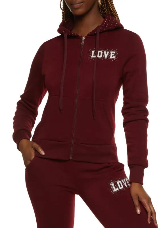 Love Rhinestone Faux Fur Lined Graphic Hoodie sold by Rainbow
