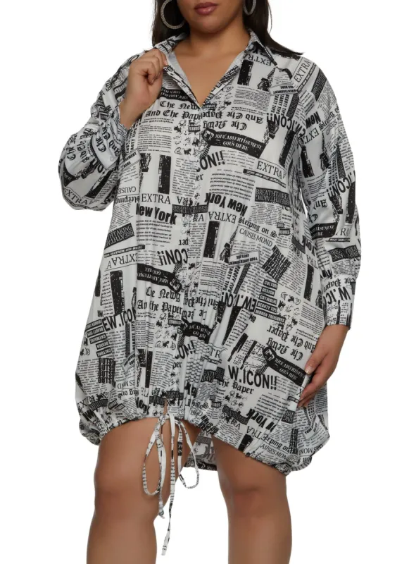 Plus Size Ruched Drawstring Newspaper Shirt Dress sold by Rainbow