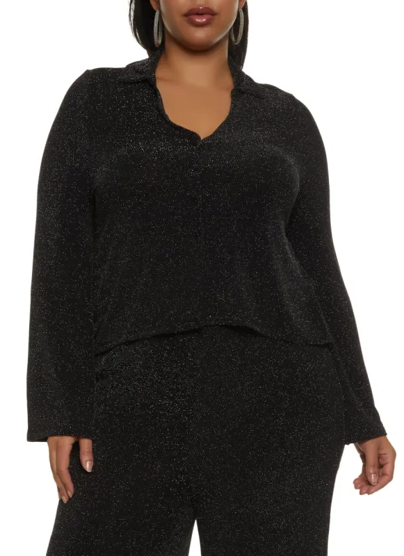 Plus Size Lurex Button Front Shirt sold by Rainbow